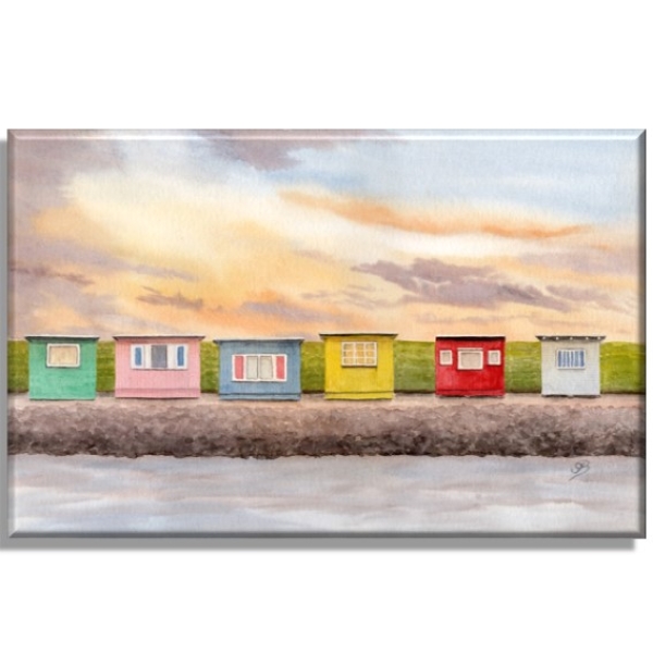 Leinwand 30 x 20 cm Keilrahmen Canvas-Leinen Aquarell Kunst Druck Kunstdruck Strandkorb Sonnenuntergang Dänemark Nordsee Dagebüll bunte Badebuden im Sonnenuntergang - DB1